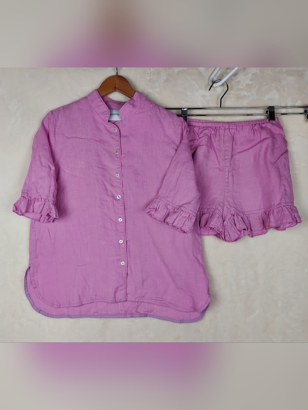 Sleeper Linen Lounge Suit Button Front Shirt & Shorts Pajama Set XS Lavender - Picture 2 of 16